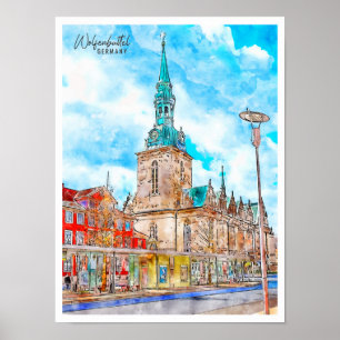 Affiche Wolfenbuttel Allemagne vintage voyage aquarelle