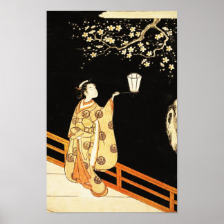 Affiche Woman Admiring Plum Blossoms at Night