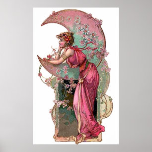 Affiche Woman and moon, art nouveau, romantic vintage