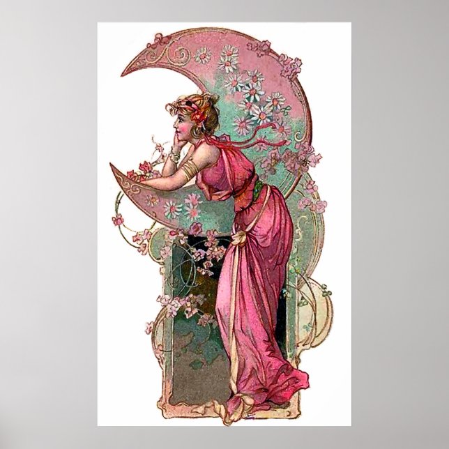 Affiche Woman and moon, art nouveau, romantic vintage (Devant)