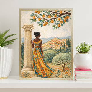 Affiche Woman by Column with Citrus Tree Illustration