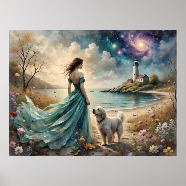 Affiche Woman in blue gown on beach with dog, lighthouse. (Devant)