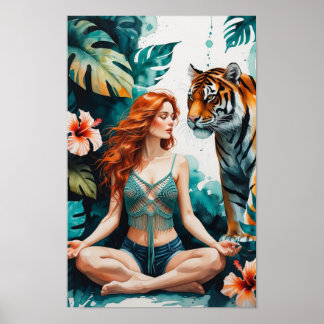 Affiche Woman Meditating with Bengal Tiger