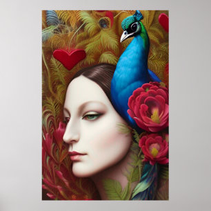 Affiche Woman, Peacock, Red flowers and heart