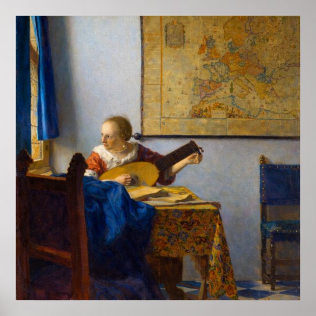 Affiche Woman with a lute by Johannes Vermeer (Devant)