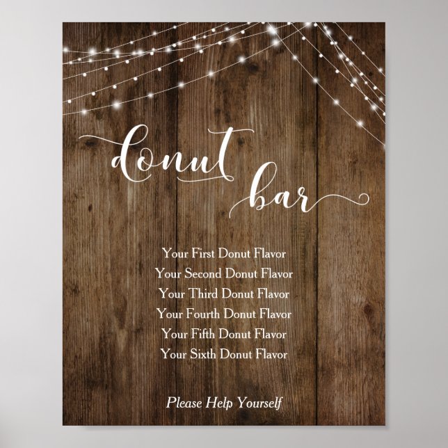 Affiche Wood & Lights Donut Bar Wedding Reception Sign (Devant)