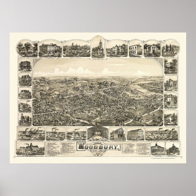 Affiche Woodbury, NJ Carte panoramique - 1886 (Devant)