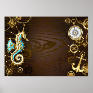 Affiche Wooden Background with Mechanical Seahorse