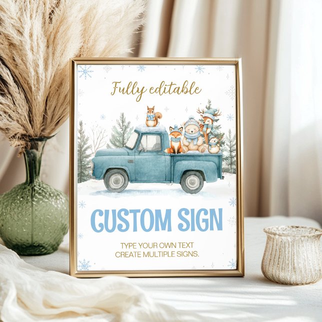 Affiche Woodland Animals Blue Winter Birthday Custom Sign (Créateur téléchargé)