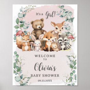 Affiche Woodland Animaux Verdure Fille Baby shower Bienven