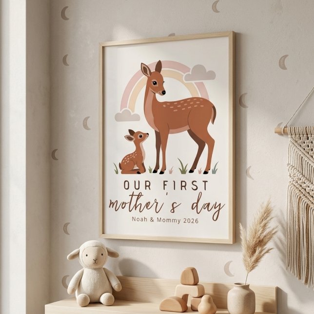 Affiche Woodland Deer Mom Baby First Mothers Day Calm Art (Créateur téléchargé)