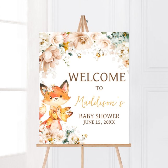 Affiche Woodland Floral Fox Baby shower Bienvenue (Fox Baby Shower Welcome Sign)