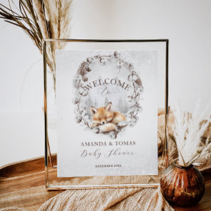Affiche Woodland Fox Élégant Baby shower d'hiver Bienvenue
