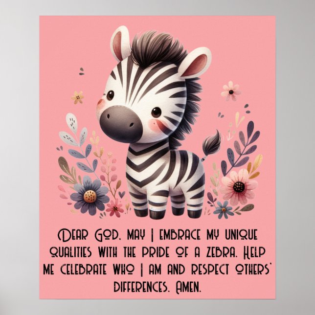 Affiche Woodland Zebra Kids Prière chrétienne sur rose | (Devant)