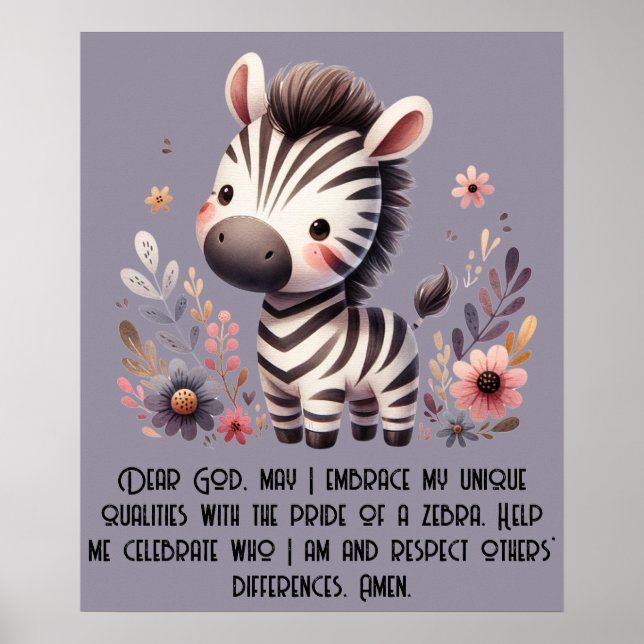 Affiche Woodland Zebra Kids Prière chrétienne sur violet | (Devant)