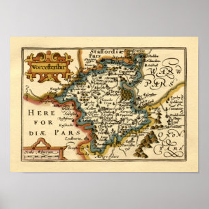 Affiche Worcestershire Comté Angleterre Ancien Antiquaire