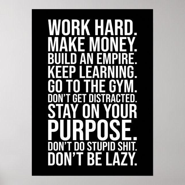 Affiche Work Hard, Don't Be Lazy, Gym, Hustle, Success (Devant)