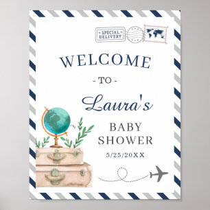 Affiche World Travel Airplane Boy Baby Shower Navy Welcome