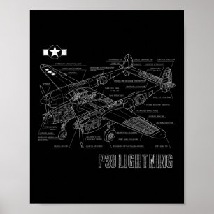 Affiche World War 2 P-38 Lightning Fighter Avion Bluepr