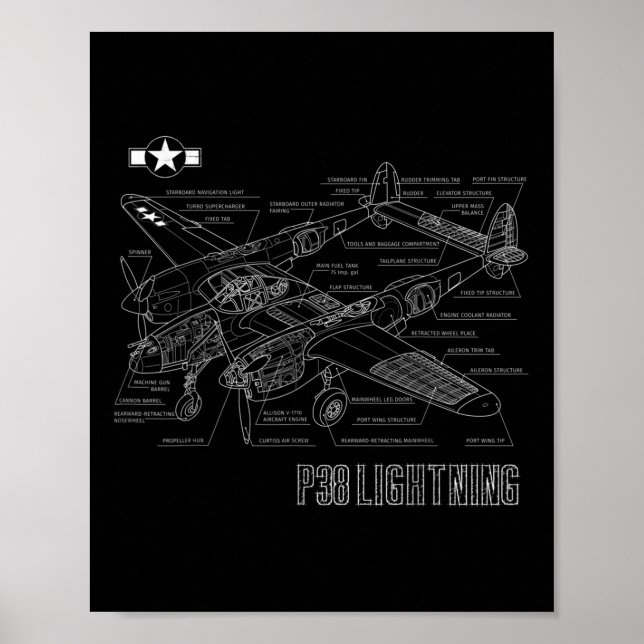 Affiche World War 2 P-38 Lightning Fighter Avion Bluepr (Devant)
