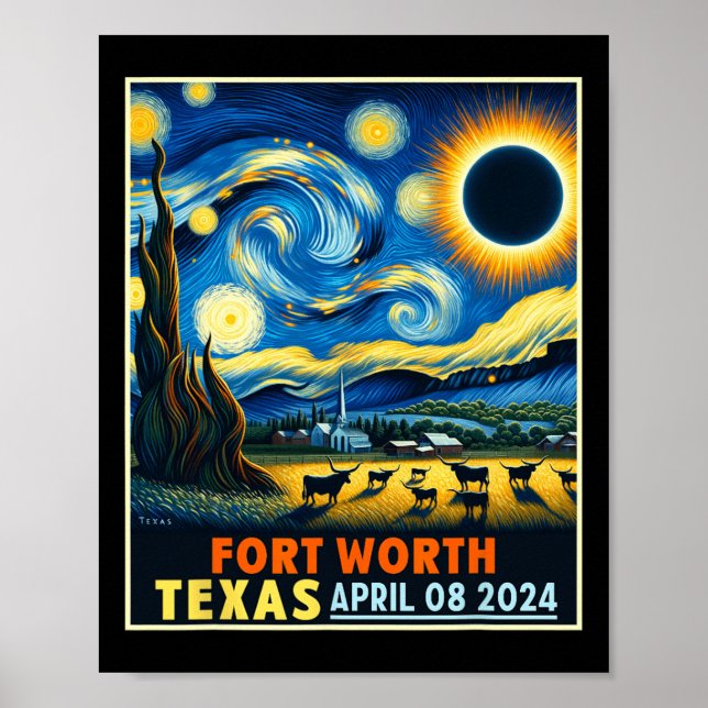 Affiche Worth Texas Total Solar Eclipse 2024 Starry Night (Devant)