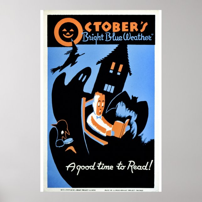 Affiche WPA "bleu vif" d'octobre vintage (Devant)