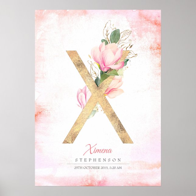Affiche X Letter Monogram Gold Leaves Pink Magnolia Floral (Devant)