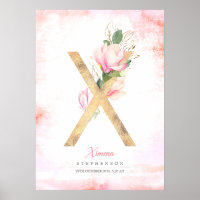 X Letter Monogram Gold Leaves Pink Magnolia Floral