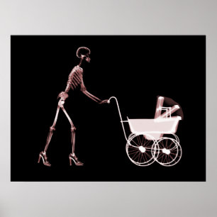 AFFICHE X RAY SKELETON WOMAN & BABY CARRIAGE - ROUGE