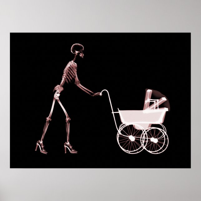 AFFICHE X RAY SKELETON WOMAN & BABY CARRIAGE - ROUGE (Devant)