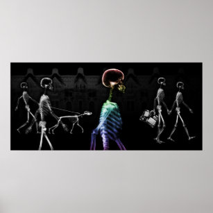 Affiche X-Ray Skeletons Midnight Stroll - B&W & Rainbow