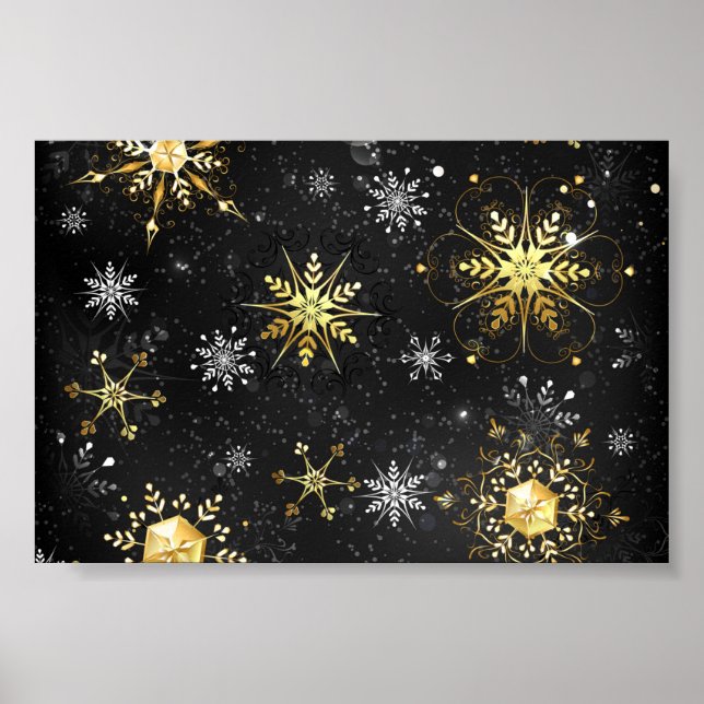 Affiche Xmas Golden Snowflakes on Black Background (Devant)
