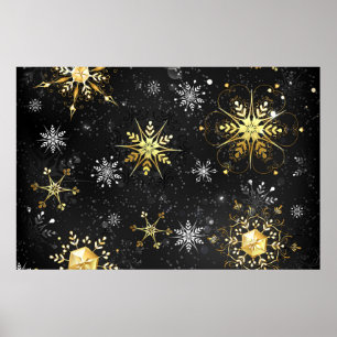 Affiche Xmas Golden Snowflakes on Black Background