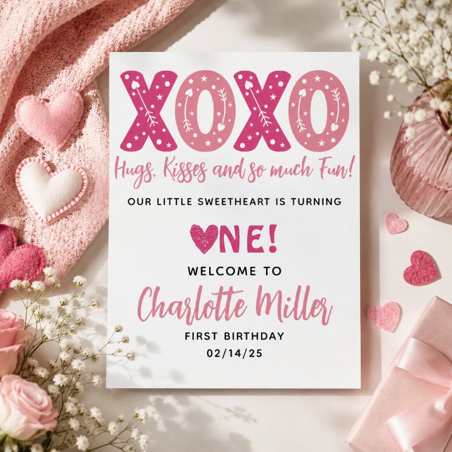 Affiche XOXO Câlins et Bisous Anniversaire de la Saint-Val (XOXO Hugs & Kisses Valentine's Day 1st Birthday Poster)