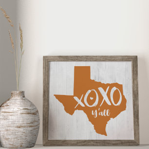 Affiche XOXO, vous tous - Forme de l'État du Texas Orange 