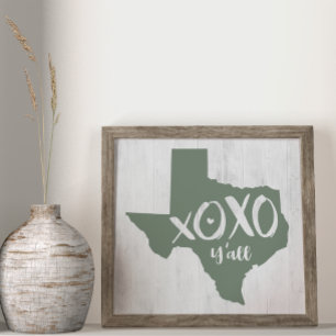 Affiche XOXO, Y'all - Cactus Green Texas State Shape