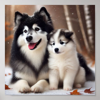 Affiche Yakutian Laika chien maman et son chiot