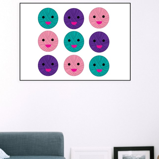 Affiche Yarn Kawaii rose violet Turquoise (A fun poster featuring kawaii balls of yarn in pink, purple and teal)