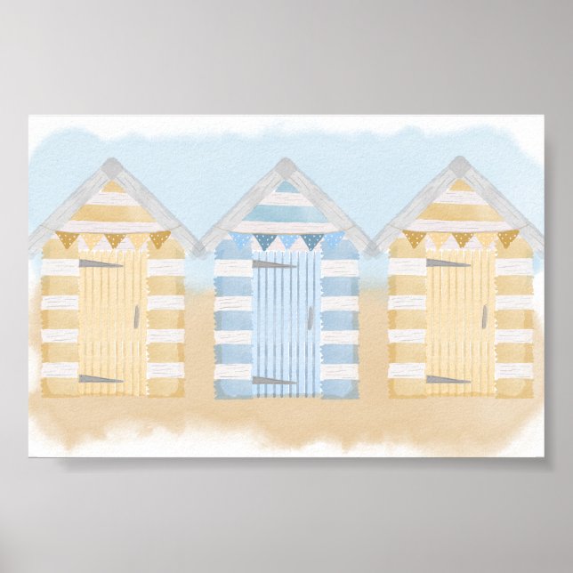 Affiche Yellow And Blue Beach Huts Ocean Watercolour (Devant)
