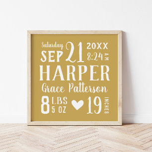 Affiche Yellow Baby Girl Birth Stats Keepsaké