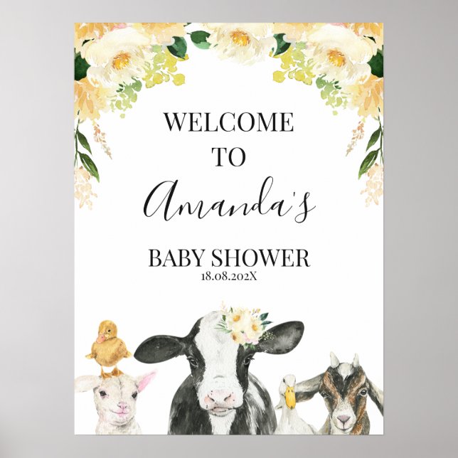 Affiche Yellow Floral Farm Animal Baby Shower Welcome Sign (Devant)