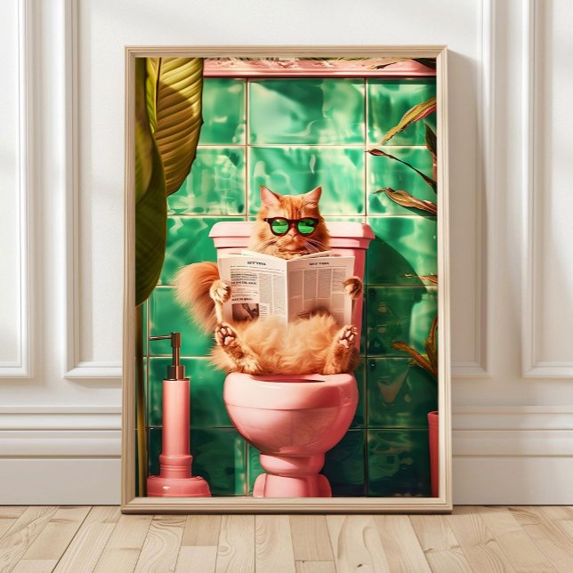 Affiche Yellow Funny Orange Cat Toilet Print, Trendy Bathr (Créateur téléchargé)