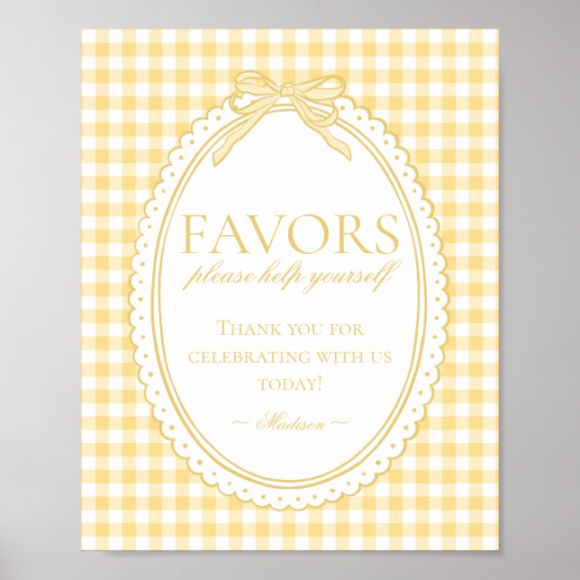 Affiche Yellow Gingham Coquette Bow Favors Sign (Devant)