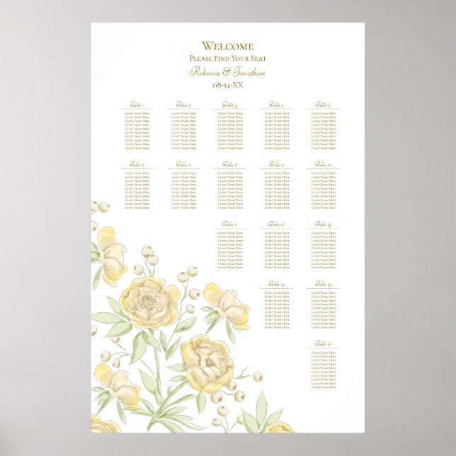 Affiche Yellow Rose Wedding Seating Chart (Devant)