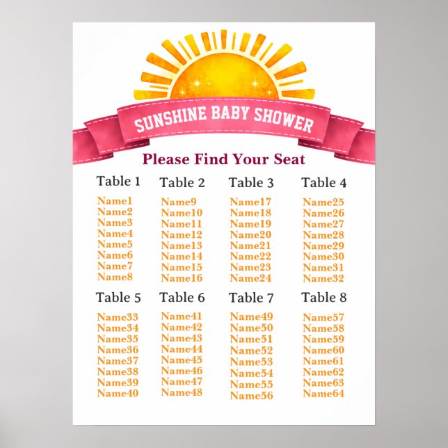 Affiche Yellow Sunshine Seating Chart For Baby Girl Shower (Devant)