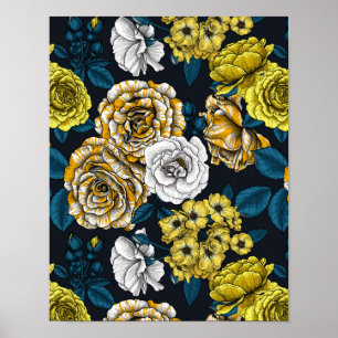 Affiche Yellow, white and bi-color roses with blue leaves