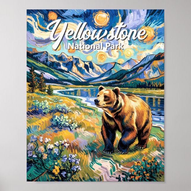 Affiche Yellowstone National Park Vintage Bear Van Gogh (Devant)