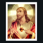 Affiche Yeux Sauveurs Élevés Vers Le Ciel<br><div class="desc">Sauveur pointant vers son coeur dans ce dessin "Sacré Coeur" aux couleurs vintages. Sur cette photo,  son coeur brille et une flamme.</div>