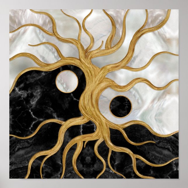 Affiche Yin Yang Arbre de vie - Marbres et or (Devant)