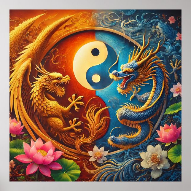 Affiche Yin Yang avec dragon et phénix parmi une flore lux (Devant)
